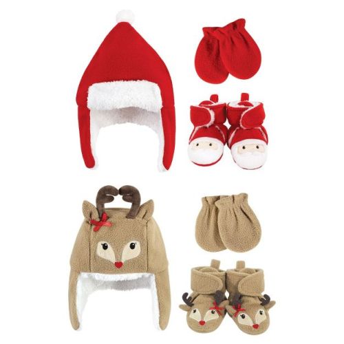 Hudson Baby Infant Girls 6Pc Trapper Hat, Mitten and Bootie Set, Santa Girls Reindeer