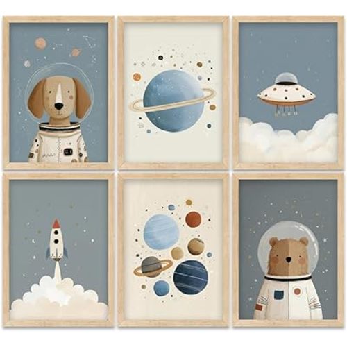 Puncland Cute Space Nursery Wall Art Funny Planet Rocketship and Astronaut Poster Cute Animals Decor Pictures Whimsical Adventure Nursery Painting Print Artwork for Nursery and Kids Bedroom Unframed