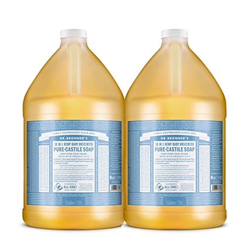 Dr. Bronner's - Pure-Castile Liquid Soap (Baby Unscented, 1 Gallon, 2-Pack) - Made with Organic Oils, 18-in-1 Uses: Face, Hair, Laundry and Dishes, for Sensitive Skin and Babies, No Added Fragrance