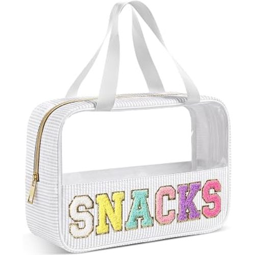 Sanwuta Seersucker Snacks Bag Chenille Letter Clear Makeup Bag with Handle and Zipper Seersucker Stripe Preppy Women Cosmetic Pouch for Storage Travel Organizer(White)