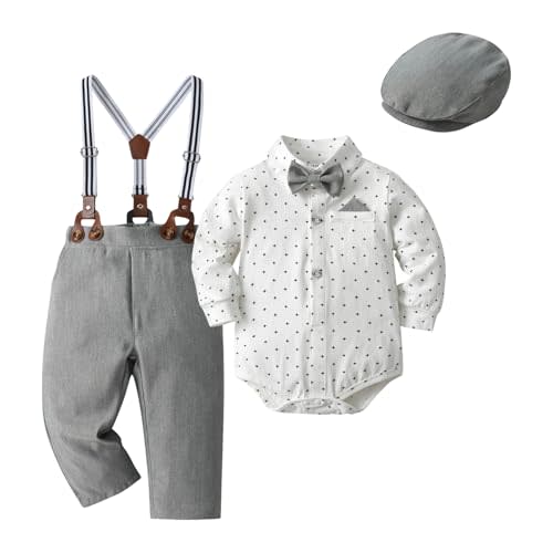 Baby Boys Outfits Sets, Infant Shirt + Pants + Bow Tie + Suspenders + Cap