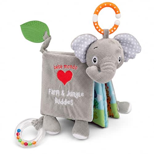 Elephant Soft Baby Crinkle Books, Teething Toys, Sensory Toys for Babies, for Ages 0-6, 6-12, 12-18 Months, Teether, Lovey Infant Toys, Touch Feel Baby Book,Baby Shower,Gifts for Boys Girls, Full Size