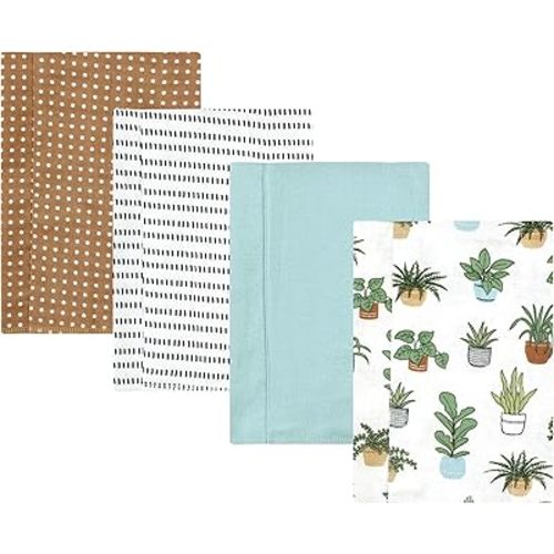 Hudson Baby Unisex Baby Cotton Flannel Burp Cloths, Plants 4 Pack, One Size