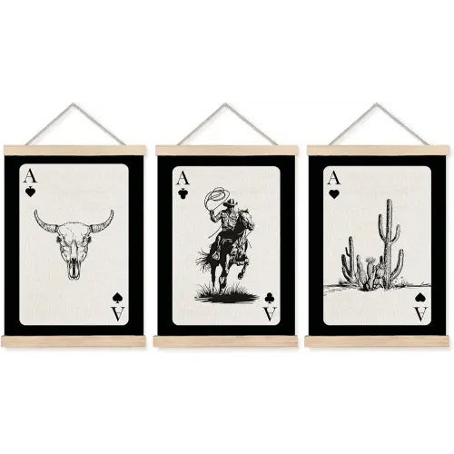 Trendy Retro Western Bull Skull Cowboy Rodeo Cactus Playing Ace Card Wall Art Set of 3, Vintage Western Decor&Funky Black Western Poker Canvas Wall Art Poster Hanger Frame, 12x16 Inch