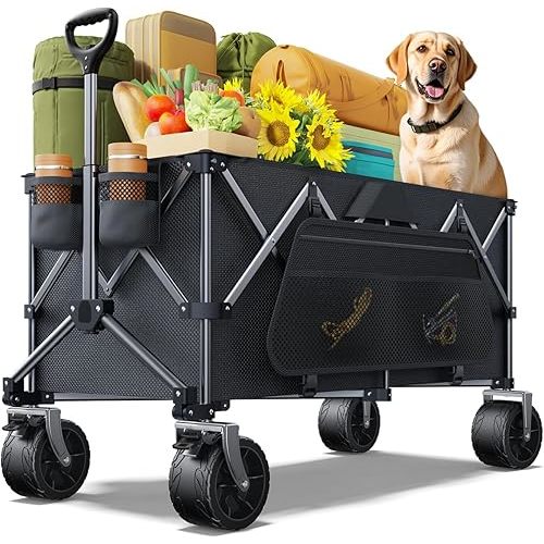 Wagons Carts Foldable Heavy Duty,440lbs Capacity & 350L Collapsible Utility Cart with Big All Terrain Wheels for Beach, Garden, Camping, Grocery Coal Black