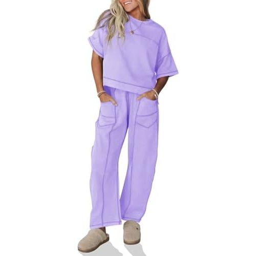 Fisoew Womens 2 Piece Outfits Lounge Sets Short Sleeve Tops and Wide Leg Pants Travel Vacation Casual Matching Sets