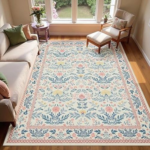 Joydeco Pink Area Rugs 5x7 Washable Cute Floral Rug for Kids Girls Bedroom