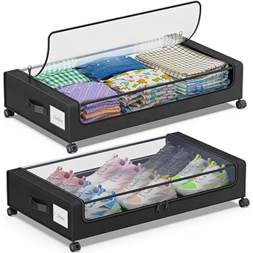 Under Bed Storage with Wheels, 2-Pack Under Bed Storage Containers with Clear Lids, XXL 60L Under the bed storage Organizer Bins, Rolling Under Bed Metal Drawer for Clothes,Shoes,Toys (Black, 2 Pack)