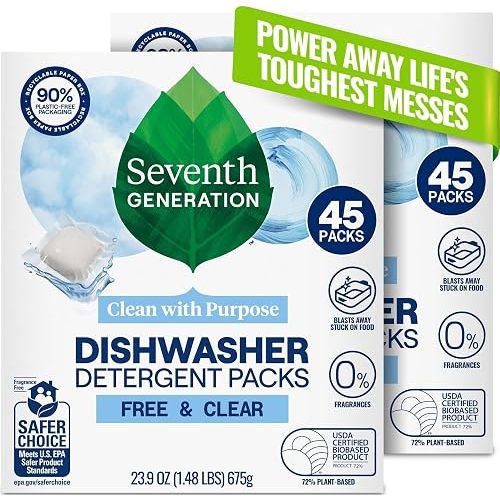 Seventh Generation Dishwasher Detergent Packs, Free & Clear, 45 Count, Pack of 2, Plant Powered Cleaning, Fights Greasy Reside & Stuck-On Food For Sparkling Dishes, Fragrance-Free & Septic Safe