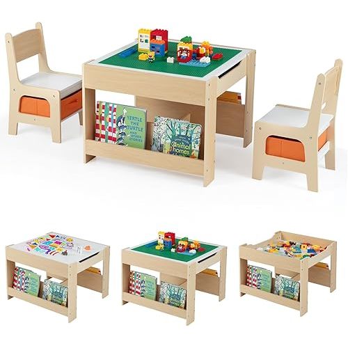Costzon 4 in 1 Kids Table and Chairs, Wooden Toddler Activity Desk Set w/Reversible Graffiti & Building Blocks Tabletop, Storage Drawers and Bookshelves for Drawing, Reading, Crafts (Natural)