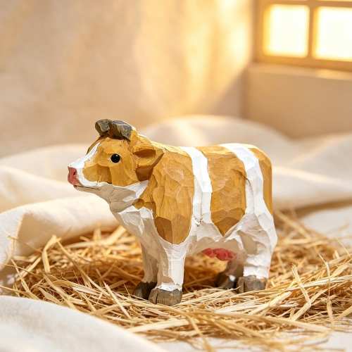 Hand Carved Wooden Cow Figurine, Farm Animal Calf Desk Ornament, Rustic Home Decor Gift