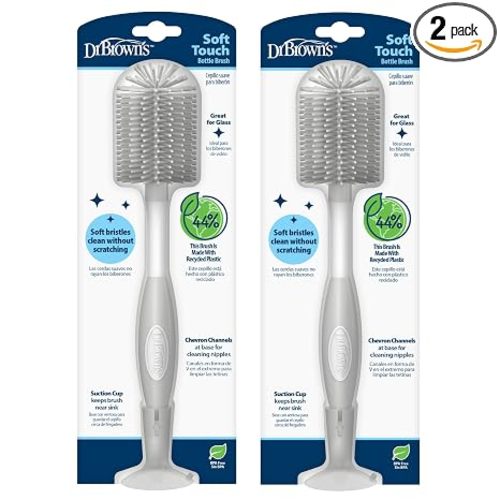 Dr. Brown's Soft Touch No Scratch Baby Bottle Cleaning Brush, Nipple Cleaner & Suction Cup Base for Easy Storage, BPA Free, Gray (Pack of 2)