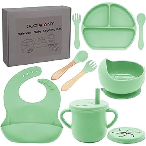 100% Silicone Baby Feeding Set,BPA Free Baby Dishes Set with Suction Bowl Divided Plate,Toddler Self Feeding Dish Set with Spoons Forks Sippy Cup and Bib, Baby Eating Utensils (Neon Green)