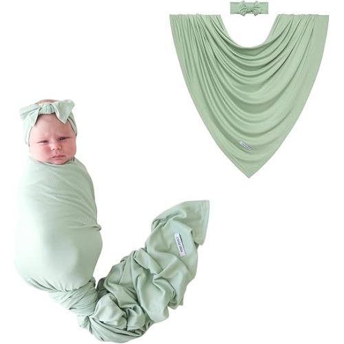 Posh Peanut Swaddle Blanket & Headband Set – Viscose from Bamboo Stretchy Baby Swaddle for Newborn Girls, Receiving Blanket or Nursing Cover (Sage)