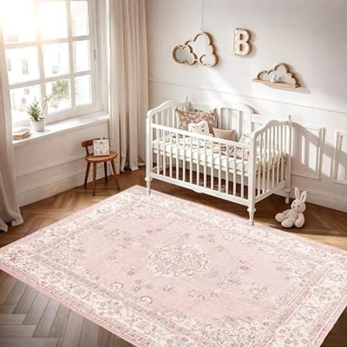 Soft Pink Rugs for Bedroom Girls: Vintage 5x8 Washable Area Rug Nursery