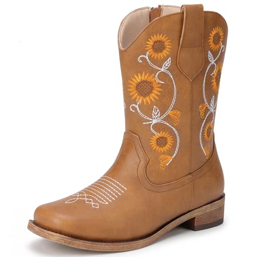 Bybmorto Girls Cowboy Boots with Floral Embroidery-Western Cowgirl Boots for Girls Toddler Little Big Kids, Square Toe Side Zipper Non-Slip Sunflower Shoes for Daily Birthday Wear