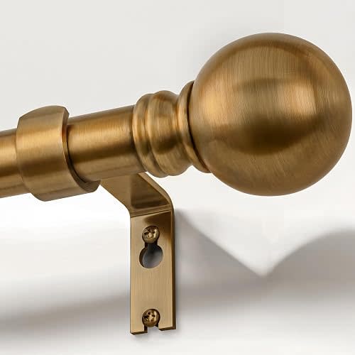 Warm Gold Curtain Rods for Windows 48 to 84 Inch 1" Diameter Adjustable Heavy Duty Brass Window Curtain Rod with Metal Finials for Living Room Bedroom Farmhouse Kitchen Outdoor