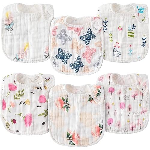 Zainpe 6Pcs Snap Muslin Cotton Baby Bibs Spring Butterflies Flowers Bib with 6 Absorbent Soft Layers Adjustable Burp Cloths for Infant Girl Boy Toddler Drooling Eating Teething Feeding 0 to 24 Months