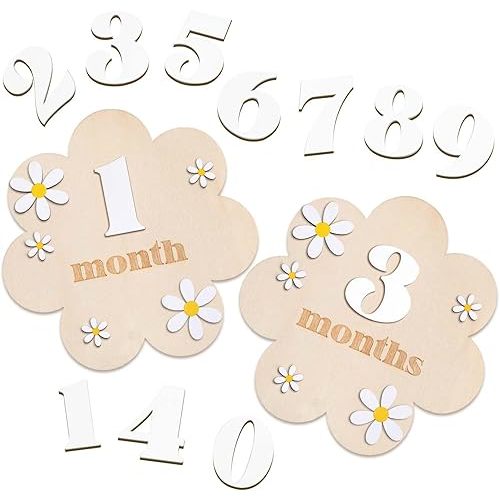 Burbell 3D Wooden Daisy Baby Monthly Milestone Sign Cards 1-12 Months Interchangeable Monthly Milestone Wood Discs Announcement Sign for Baby Shower Newborn Photo Props Gifts(White)