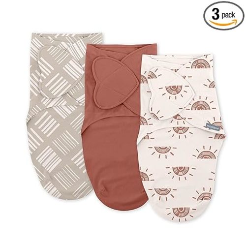 SwaddleMe by Ingenuity Monogram Collection Baby Swaddle, 100% Cotton, Improves Sleep & Calms Startle Reflex, 0-3 Months, Pocket Fold Design for Easy Changes, 1.0 TOG, 3-Pack - Rising Sun