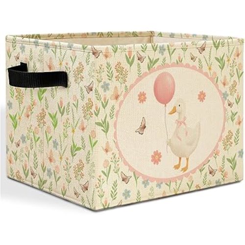 Pink Balloon Bow Goose Floral Storage Bins Box with Handles, Spring Flower Butterfly Goose Laundry Basket Hamper Collapsible Clothes Toys Organizer for Nursery Girls Bedroom Bathroom