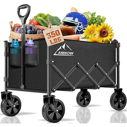 Collapsible Folding Wagon Cart, 350LBS Utility Large Capacity Cart Foldable Wagon with All Terrain Wheels, Grocery Wagons Carts for Garden Shopping Sports Camping, Black