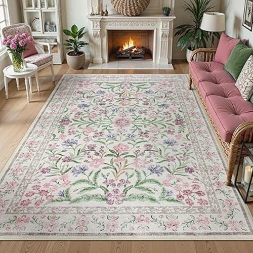 Wonnitar Boho Floral Area Rug 6x9, Washable Purple Rugs for Bedroom Girls, Non Slip Ultra-Thin Soft Indoor Baby Carpet for Nursery Dorm Kids Room Living Room, Light Purple/Pink