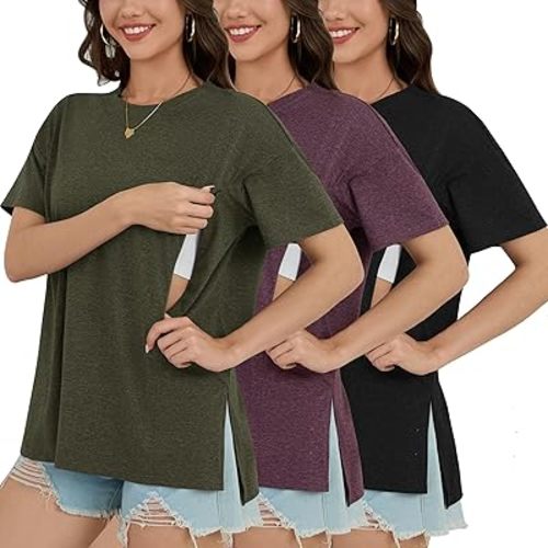 Women's Oversized Nursing Shirts for Breastfeeding with Hidden Zipper Short Sleeve Maternity Tops with Side Slits