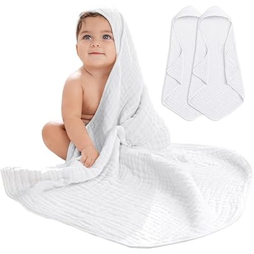 Comfy Cubs 2 Pack Baby Hooded 9 Layer Muslin Cotton Towel for Kids, Large 32” x 32”, Ultra Soft, Warm, and Absorbent. Baby Essentials Bath Towels, Cute Unisex Cover for Girls and Boys (2 Pack, White)