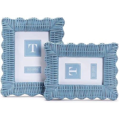 Two's Company Handmade Blue Rattan Photo Frame Set - 4x6 & 5x7 Wooden Boho Picture Frames