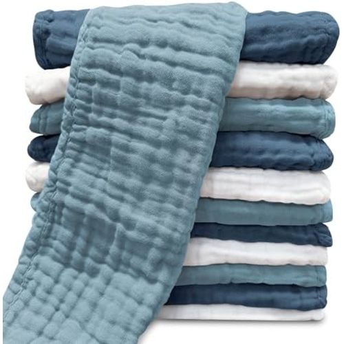 Muslin Burp Cloths for Baby 100% Cotton Burping Cloths for Unisex, Boy, Girl - Large 20'' by 10'' Newborn Essentials Ultra Soft Absorbent Milk Spit Up Rags - 12 Pack - White+Light Navy Series