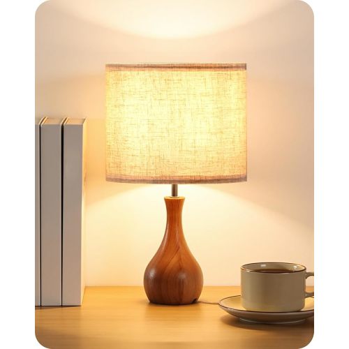 Small Table Lamp, 14.2" Wood Bedside Lamp, Little Cute Desk Lamp with Dark Wood Bottle-Shaped Base & Beige Linen Lampshade, Nightstand Lamp for Bedroom, Small Space, E26 Socket, LE09TL05