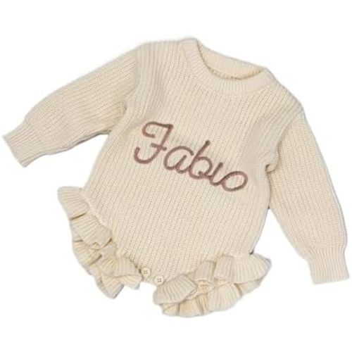 Gufacai Personalized Chunky Knit Sweater Romper,Custom Baby Name,Embroidered Baby Romper,Newborn,First Birthday Gift