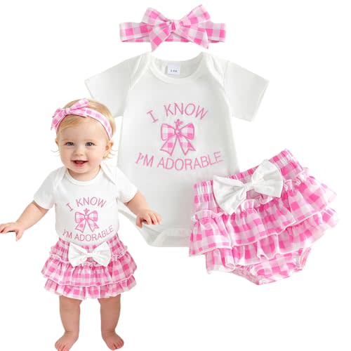 Newborn Baby Girl Summer Clothes Infant Romper 3Pcs Outfit Set | 0 3 6 12 18 24 Months Girl, I Know I'm Adorable, Short Sleeve Romper + Tutu Skirt Shorts + Headband, Tutu For Baby Girl