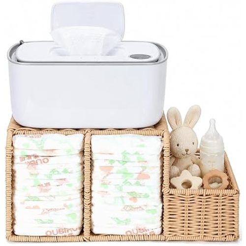 Diaper Caddy Organizer, Hand Rattan Nursery Storage Basket for Baby Essentials, Baby Changing Table Organizer Perfect Nursery Assistant (Natural Woven, M)