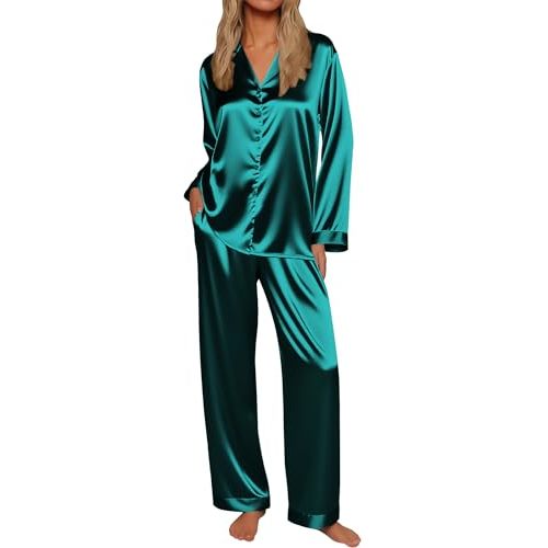Ekouaer Silk Satin Pajamas for Women Button Down Pjs Set Long Sleeve Loungewear 2 Piece Wide Leg Sleepwear