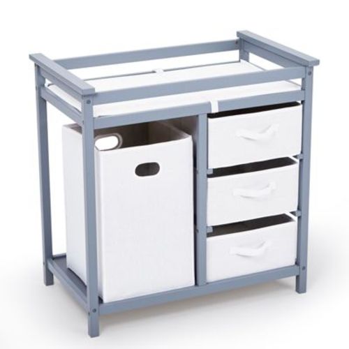 Baby Changing Table with Laundry Hamper, 3 Drawers - Solid Wood Nursery Dresser Supports 40 Lbs, with Safety Strap, Waterproof Pad, Storage Organizer