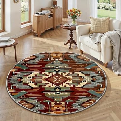 Indian Navajo Tribal Round Rug 6ft, Native American Rug Non-Slip