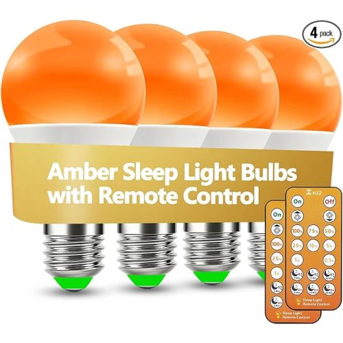 Amber Sleep Light Bulbs 1600K with Remote Control, E26 Blue Light Blocking A19, 9W for Sleep Therapy, Baby Nursery, Bedroom (4 Packs)