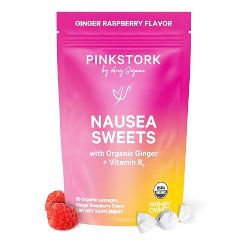 Pink Stork Organic Ginger Raspberry Sweets with Vitamin B6 for Morning Sickness and Motion Sickness, Added Ginger & Vitamin B6, 1st Trimester Pregnancy Must Haves - 30 Wrapped Candies