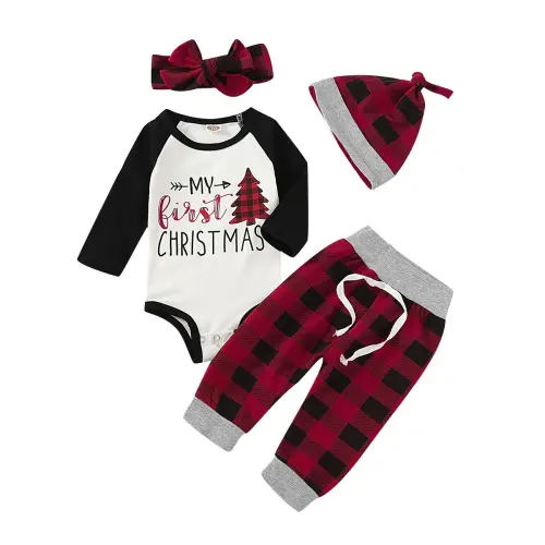 Baby Unisex Plaid Christmas Outfit Newborn My 1st Christmas Long Sleeve Letter Romper, Plaid Pants, Hat, Headband Set Infant Casual Wear Esg16405