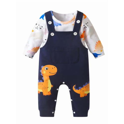 Infant Baby Boy Clothes Dinosaur Long Sleeve Romper + Animal Style Suspender Pants Outfit Set Dark Blue 3-6 Months
