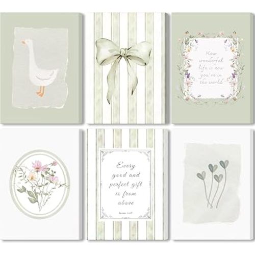 UDGFPLED Set of 6 Christian Nursery Wall Art Sage Green Flower Bow Bible Verse Wall Decor Cute Goose Print Vintage Baby Girl Kids Canvas Posters for Children's Room Bedroom Home Decoration 8x10 in
