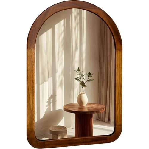 Arched Mirror 24 x 36 Inch,Brown Wood Rustic Bathroom Tempered Wall Mirror with Wood Frame,Round Corner Arch Farmhouse Wooden Vanity Mirror for Living Room,Entryway or Bedroom（Walnut Brown）