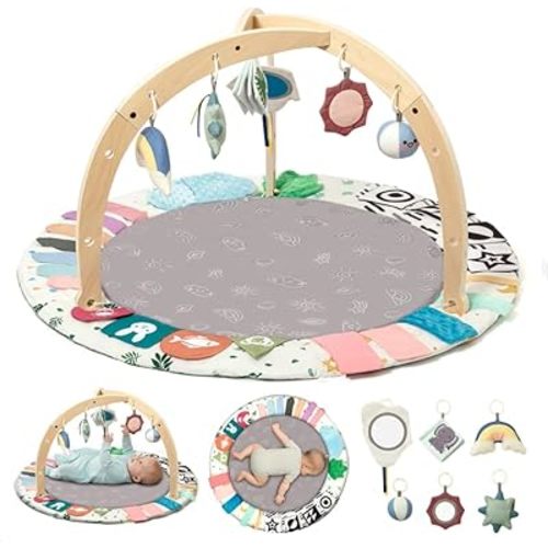 Baby Play Gym Mat with Tummy Time Activity for Newborn Girls and Boys, Non-Slip Floor Mat Includes 6 Detachable Toys for Sensory Development, Machine Washable, Essential Gift (Grey)