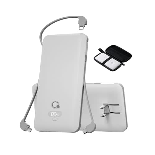 Brand Q 10000mAh Portable Charger with Built-in Cables and AC Wall Plug, USB C Fast Charging Power Bank with 3 Cords,5 Output External Battery Pack Compatible with iPhone,Tablet and All Smart Phones