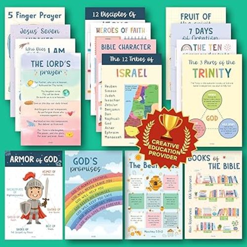Excool Club Sunday School Decorations For Classroom - 16 Book Of The Bible Posters For Kids, Ten Commandments Fruit Of The Spirit Wall Art, Bible Study Supplies For Christian Classroom Decor (11"x17")