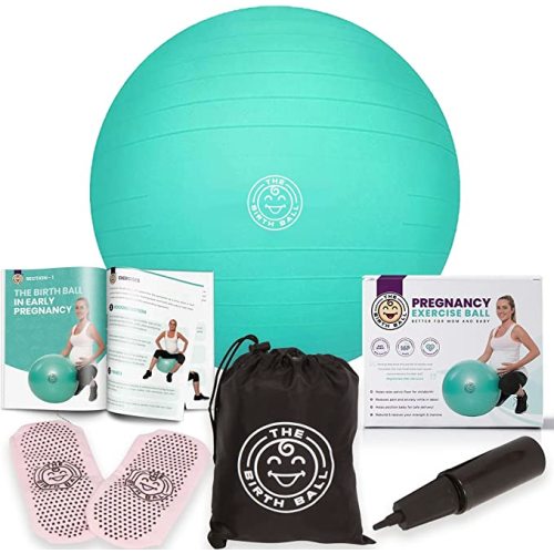 Birthing Ball for Pregnancy & Labor - 18 Page Pregnancy Ball Exercises Guide by Trimester - Non Slip Socks - How to Dilate, Induce, & Reposition Baby for Mom