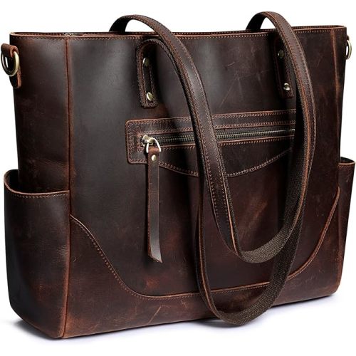 S-ZONE Genuine Leather Tote Bag for Women Large Shoulder Purses Work Handbags with Crossbody Strap Vintage