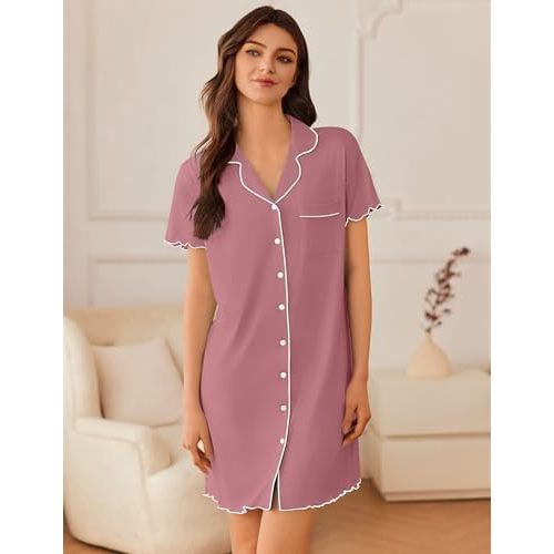 Ekouaer Nightgowns for Women Button Down Sleep Shirt Short Sleeve Sleepwear